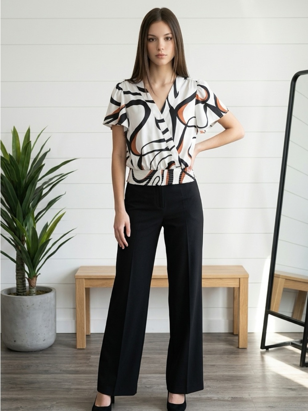 Nine West Cream  Abstract-Print Wrap Blouse with Brown & Black Accents